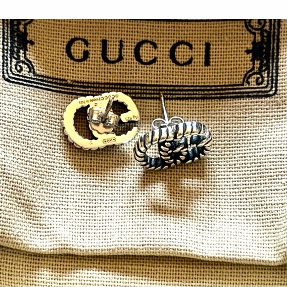 Gucci Interlocking G Torchon Stud Earrings - Aged Sterling Silver 925 - Full Set - Picture 2 of 6